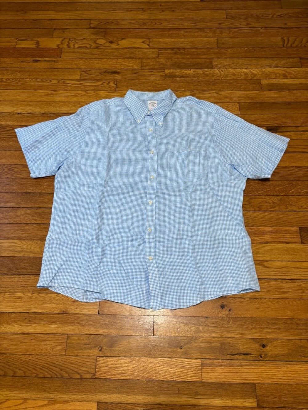 Brooks Brothers Regent Mens 100% Linen Button Up Shirt Size 2XL XXL Blue Check